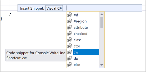 Captura de pantalla de un elemento emergente de IntelliSense de una lista de fragmentos de código de C#.