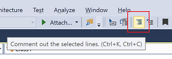 Captura de pantalla del botón para convertir en comentario en la barra de herramientas del editor de Visual Studio.