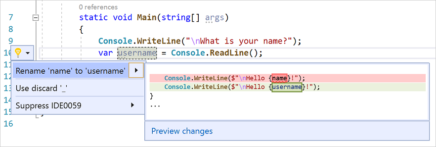 Captura de pantalla que muestra la acción Cambiar nombre de Visual Studio.