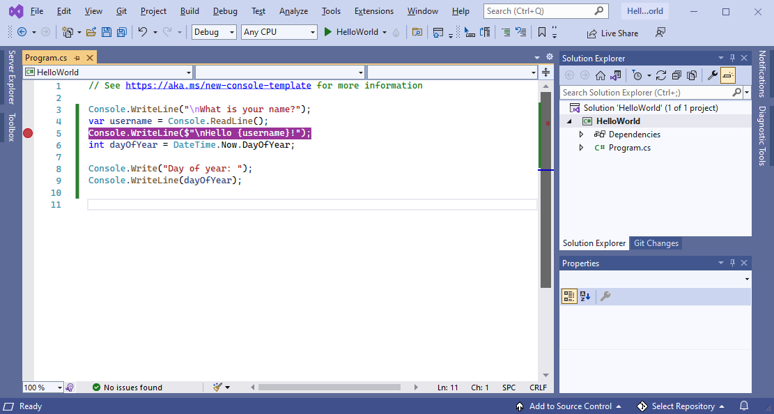 Captura de pantalla que muestra Visual Studio con el tema Azul.