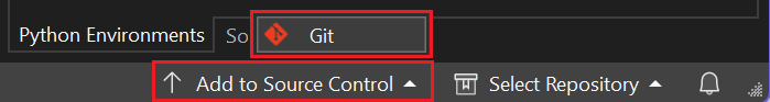 Captura de pantalla de los botones de control de código fuente debajo del panel Explorador de soluciones, con el botón Agregar al control de código fuente resaltado.
