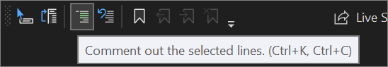 Captura de pantalla del botón para convertir en comentario en la barra de herramientas del editor de texto de Visual Studio 2022.