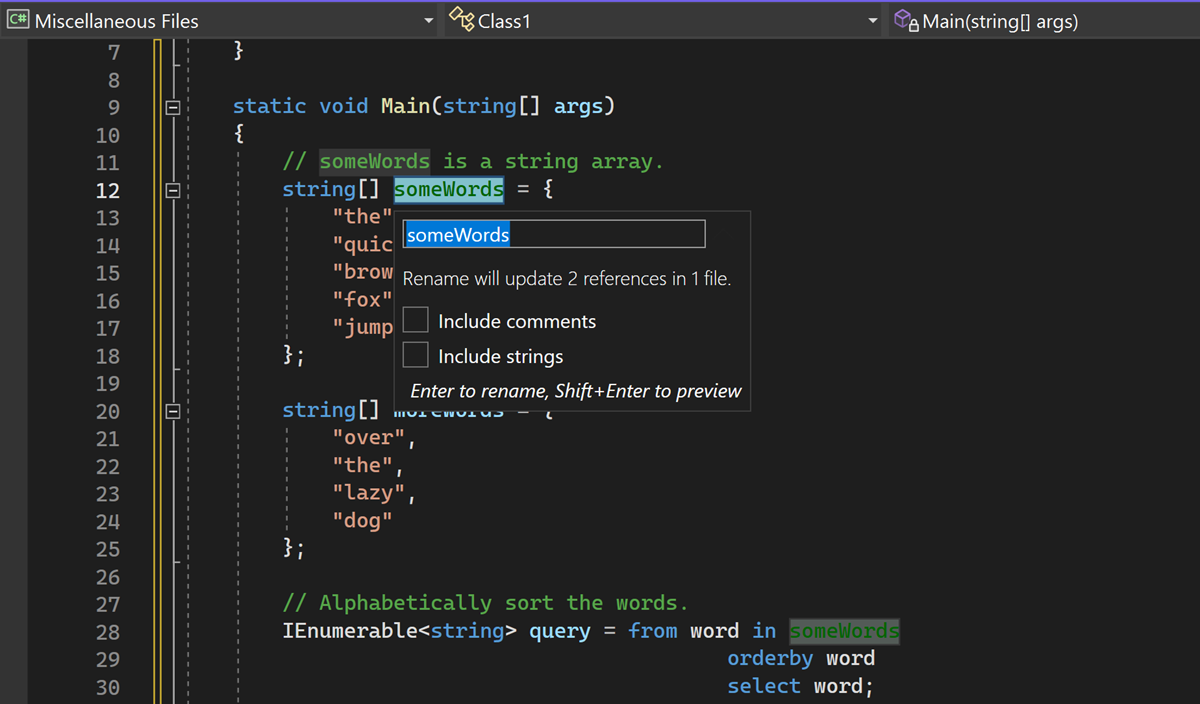 Captura de pantalla del cuadro emergente Cambiar nombre en el editor de Visual Studio 2022.