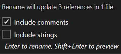 Captura de pantalla del cuadro emergente Cambiar nombre en Visual Studio 2022.