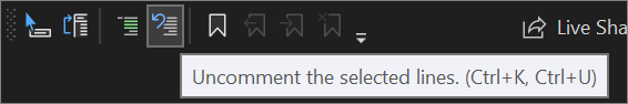 Captura de pantalla del botón para quitar la marca de comentario en la barra de herramientas del editor de texto de Visual Studio 2022.