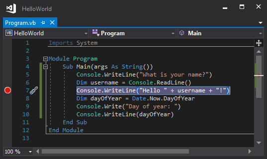 Captura de pantalla que muestra un punto de interrupción en una línea de código de Visual Studio.