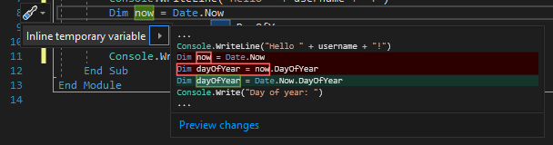 Captura de pantalla que muestra la sugerencia de variable temporal en línea en Visual Studio.
