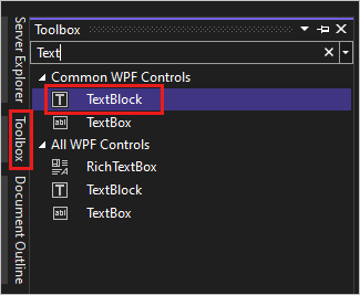 Screenshot showing the Toolbox window with the TextBlock control highlighted in the list of Common WPF Controls.