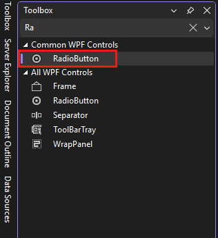 Screenshot que muestra la ventana Cuadro de herramientas con el control RadioButton seleccionado en la lista de Controles comunes de WPF Controls.