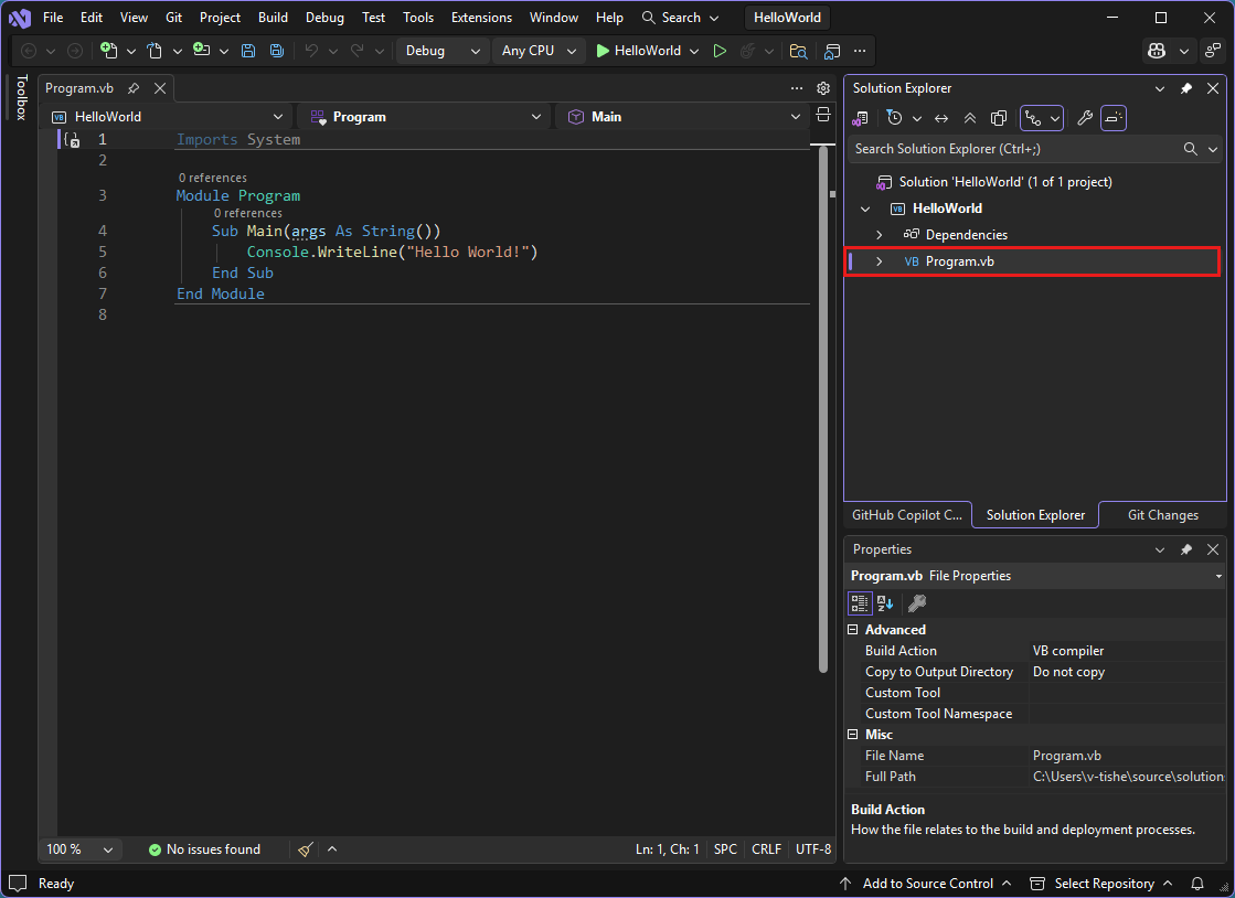 Screenshot que muestra el IDE de Visual Studio con el código Program.vb en el editor.