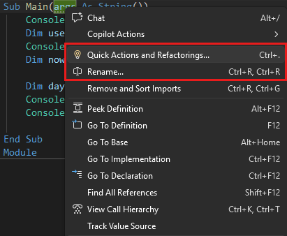 Captura de pantalla del menú Refactorización en Visual Studio.