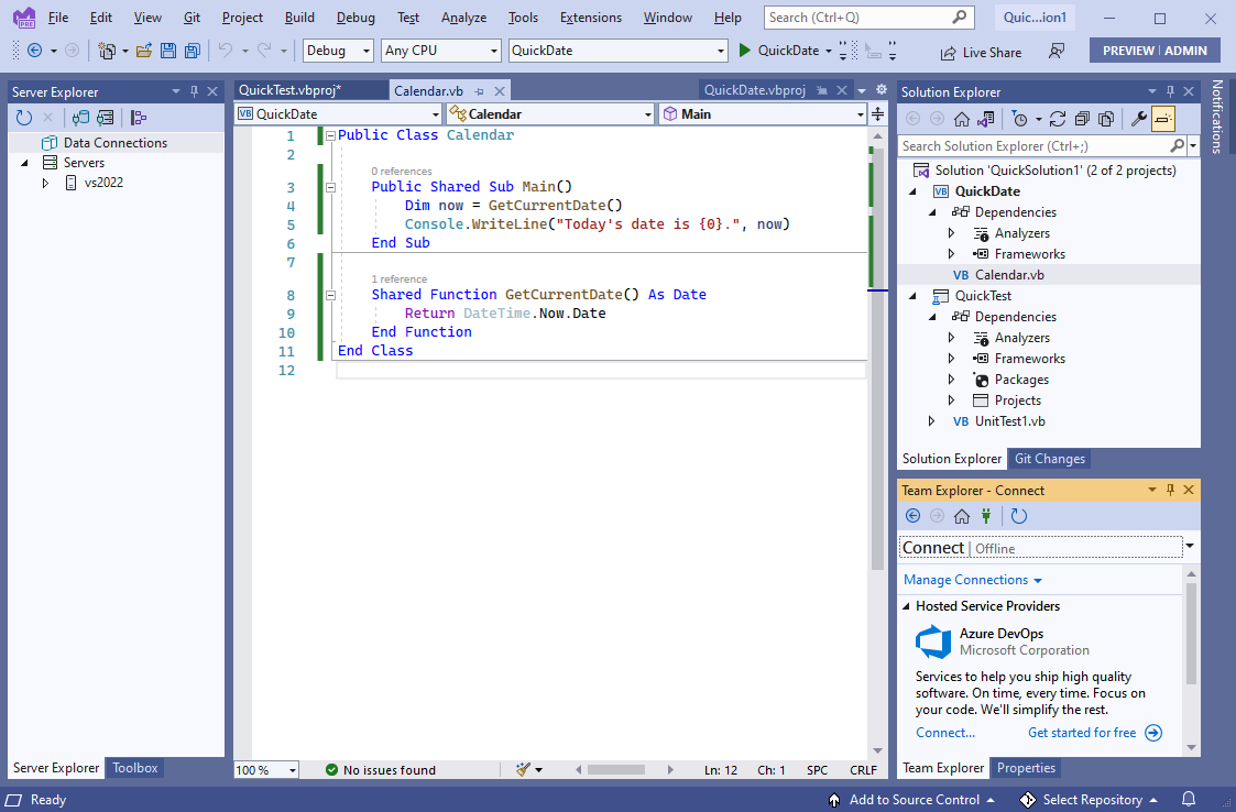 Captura de pantalla que muestra Visual Studio con el tema Azul.