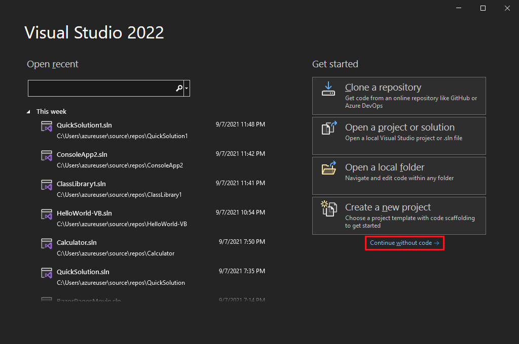 Captura de pantalla de la pantalla Inicio de Visual Studio, con el vínculo Continuar sin código resaltado.