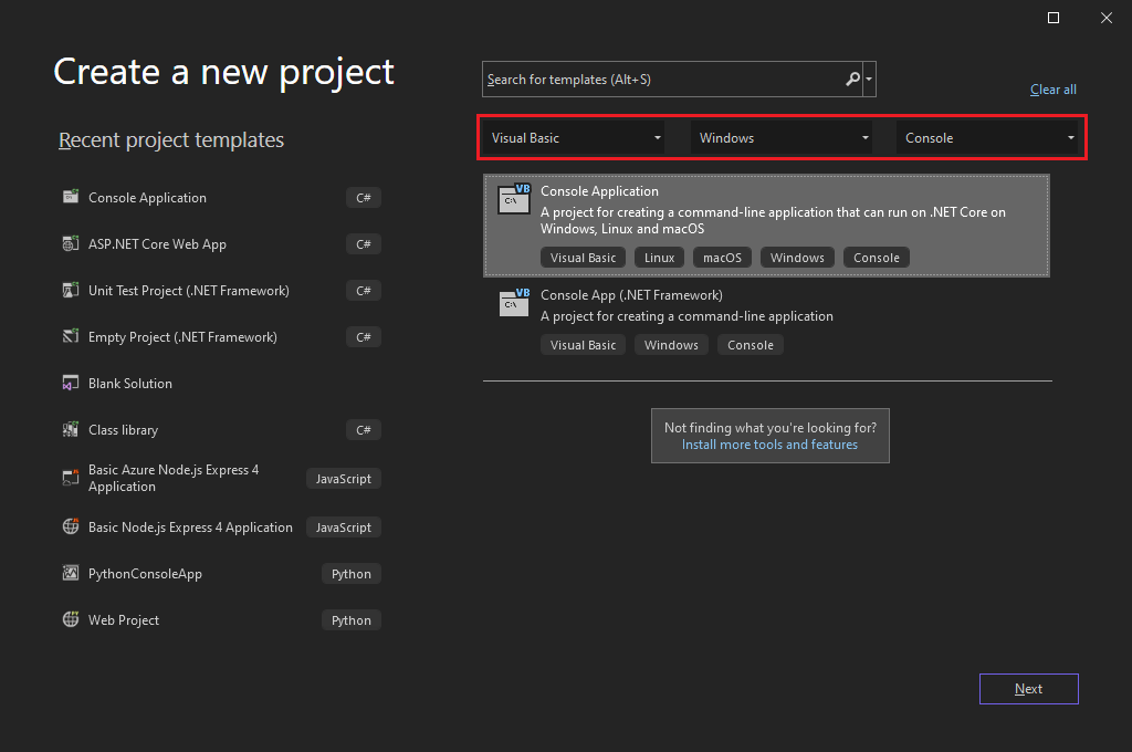 Captura de pantalla de la ventana Crear un proyecto con la aplicación de consola de Visual Basic seleccionada.
