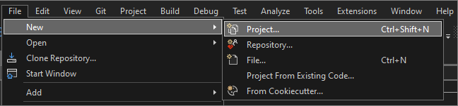Captura de pantalla de la selección Archivo > Nuevo > Proyecto de la barra de menú de Visual Studio.