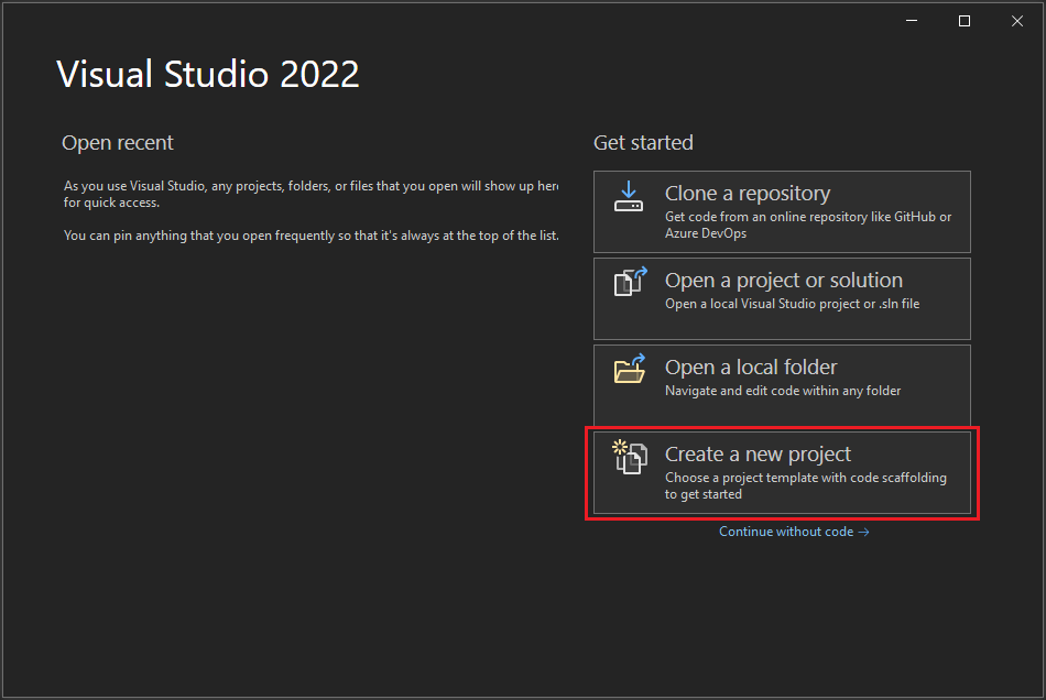 Screenshot of the start window in Visual Studio 2022 with the 'Create a new project' option highlighted.