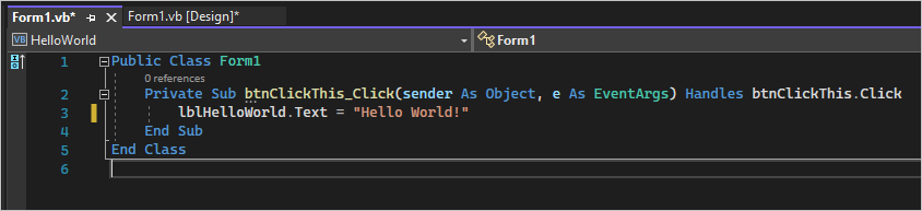 Captura de pantalla que muestra una clase en la pestaña Form1.vs, donde puede agregar código de Visual Basic.
