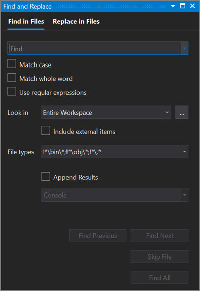 Captura de pantalla del cuadro de diálogo Buscar y reemplazar de Visual Studio 2019, con la pestaña Buscar en archivos abierta.