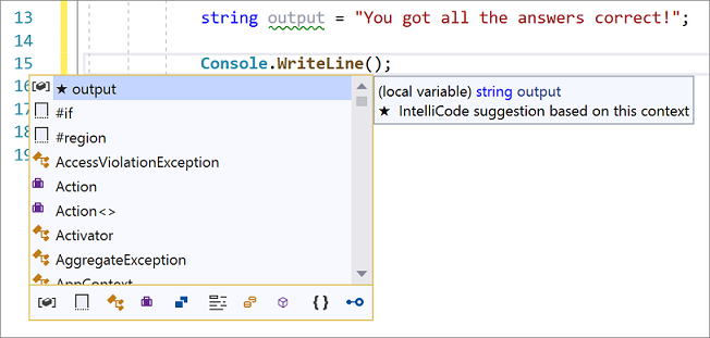 Captura de pantalla de finalización de argumentos en IntelliCode para Visual Studio.