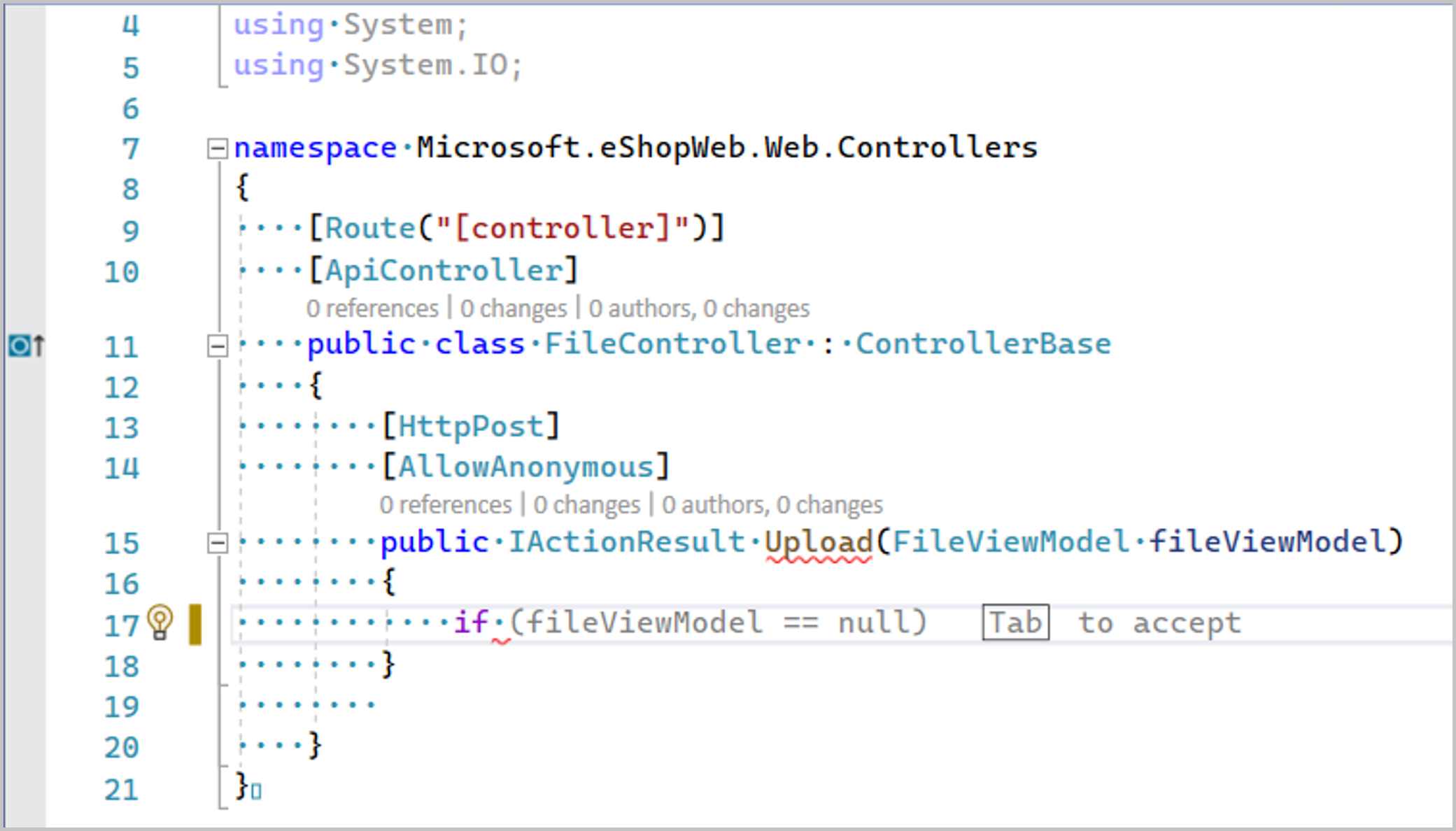 Captura de pantalla de la finalización de línea completa de IntelliCode en Visual Studio.
