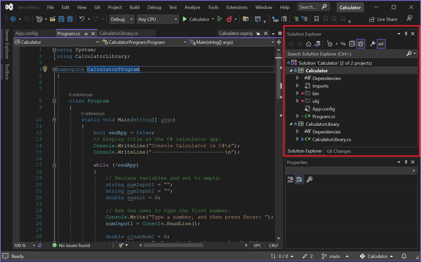 Captura de pantalla del IDE de Visual Studio que muestra dónde se encuentra el Explorador de soluciones.