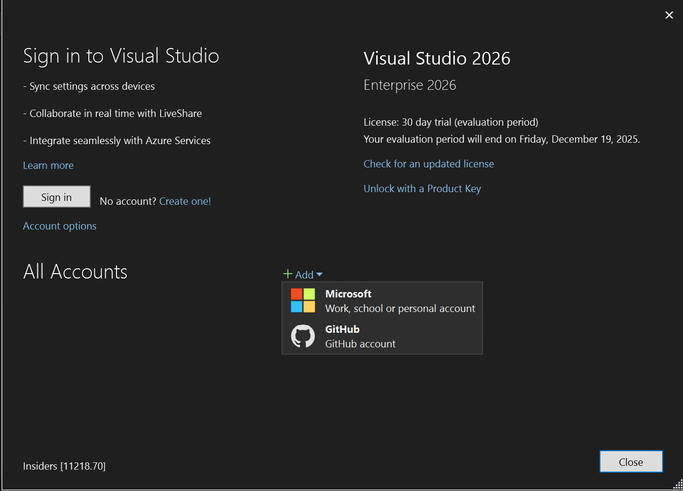 Captura de pantalla que muestra la opción Agregar cuenta de GitHub.