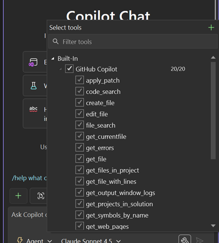 Captura de pantalla que muestra herramientas adicionales que usa el modo de agente.