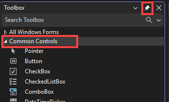 Recorte de pantalla que muestra el icono Anclar para anclar la ventana Cuadro de herramientas al IDE.