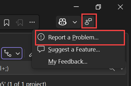 Captura de pantalla que muestra el icono de comentarios seleccionado en la esquina superior derecha de la ventana de Visual Studio y Notificar un problema seleccionado en el menú contextual.