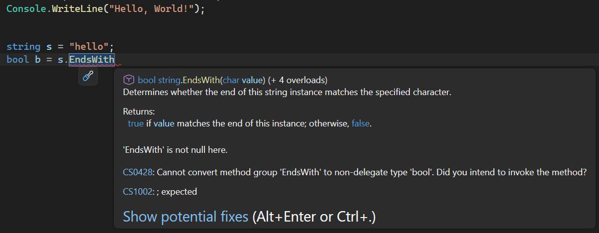 Captura de pantalla de la característica Información rápida de IntelliSense.