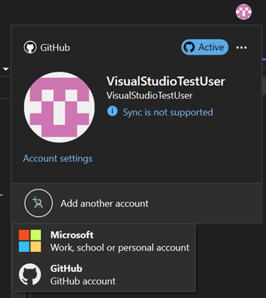 Captura de pantalla del uso de la opción Agregar otra cuenta para agregar una cuenta de GitHub desde el cuidado del perfil.