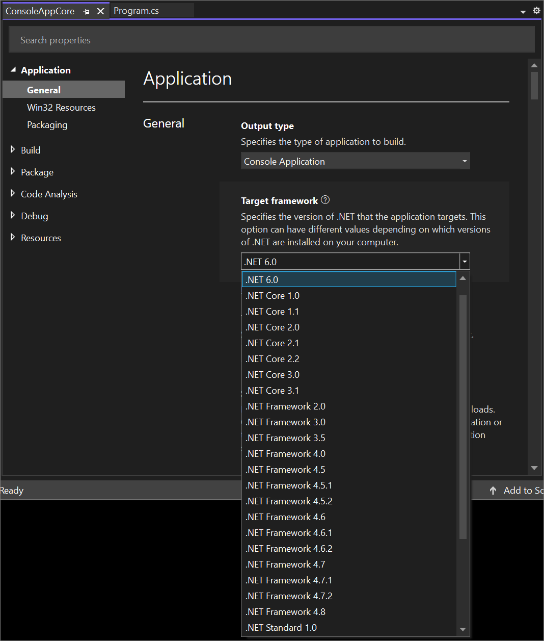 Captura de pantalla de las versiones de la plataforma de destino para un proyecto de .NET Core en Visual Studio 2022.