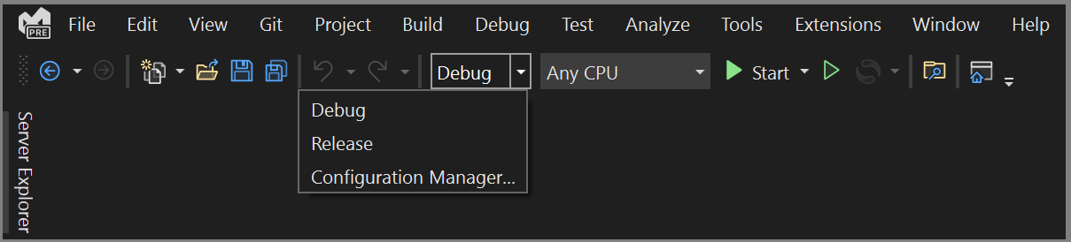 Captura de pantalla del selector de configuración de compilación en Visual Studio 2022.