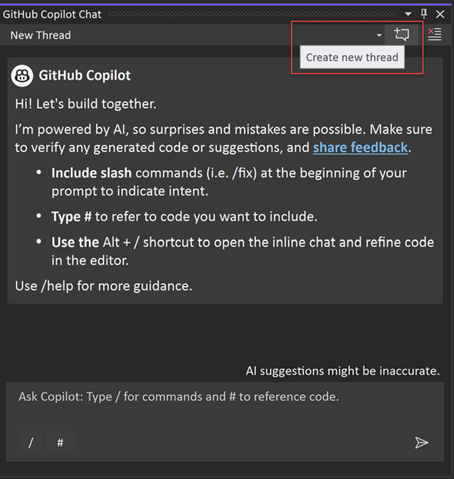 Captura de pantalla de icono Crear nuevo subproceso en el chat de Copilot.