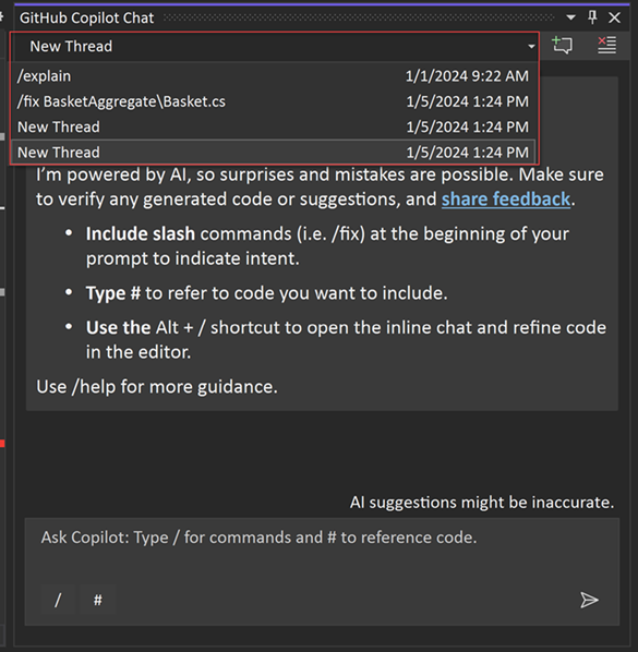 Captura de pantalla del cambio entre subprocesos en curso en el chat de Copilot.
