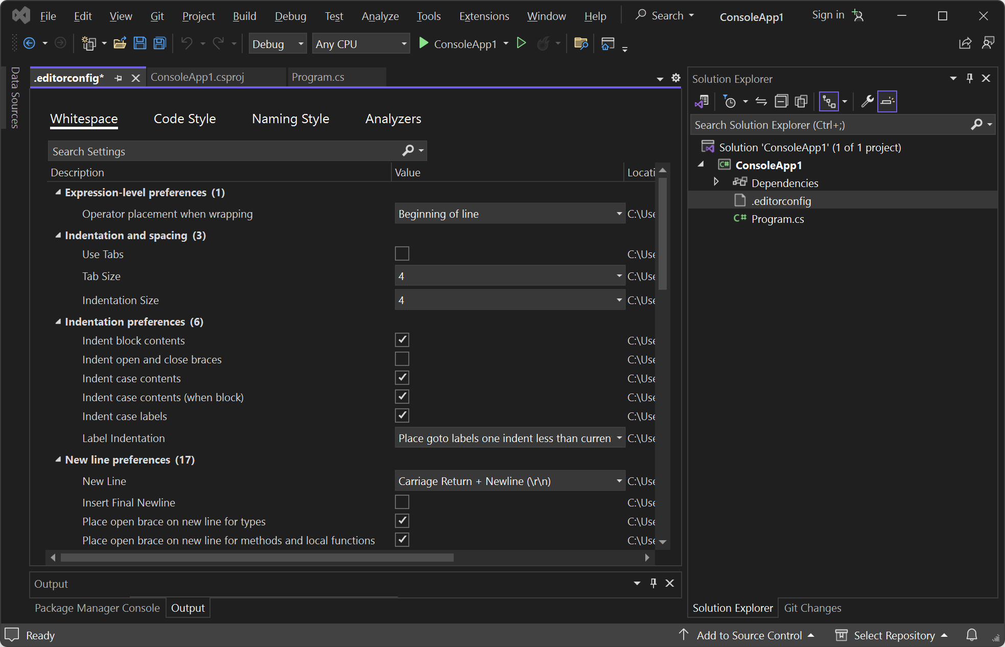 Captura de pantalla que muestra el archivo .editorconfig en Explorador de soluciones y editor.