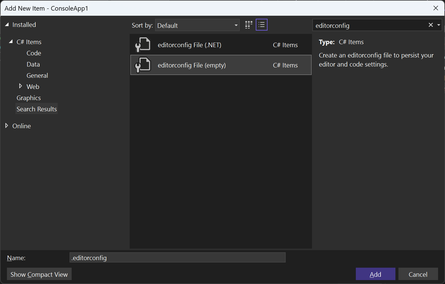 Captura de pantalla que muestra las plantillas de elemento de archivo EditorConfig en Visual Studio.