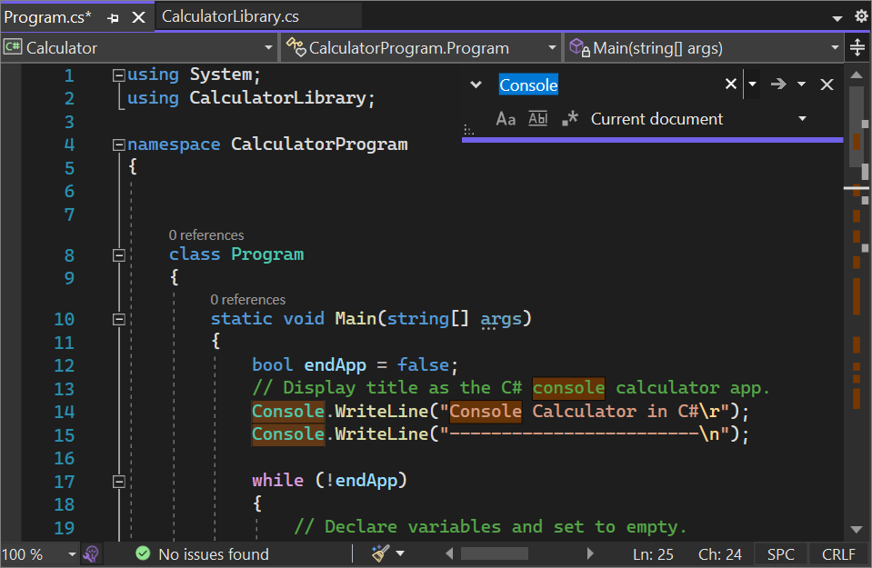 Captura de pantalla del cuadro de diálogo Buscar y reemplazar en el Editor de Visual Studio 2022.