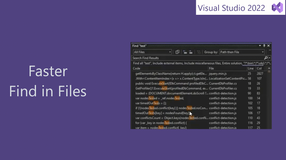 Animación de la característica Buscar en archivos mientras busca una solución de C# de gran tamaño tres veces más rápido que la versión anterior de Visual Studio.
