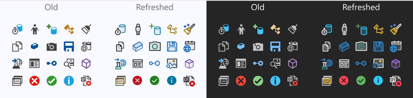 Captura de pantalla del contraste entre los iconos anteriores y actualizados en Visual Studio.