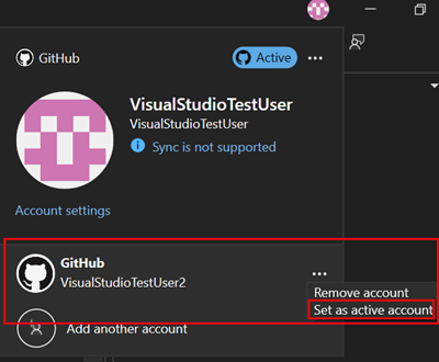 Captura de pantalla que muestra la configuración de una cuenta de GitHub activa diferente mediante la tarjeta de perfil.