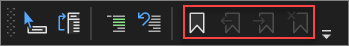 Captura de pantalla de los iconos y comandos bookmark de la barra de herramientas del Editor de texto de Visual Studio 2022.