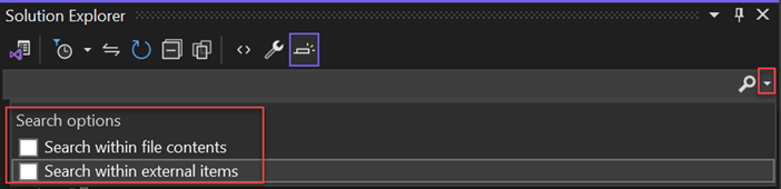 Captura de pantalla de la barra de búsqueda del Explorador de soluciones y las opciones de búsqueda en Visual Studio.