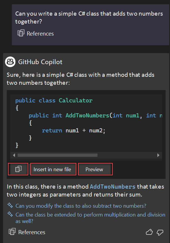 Captura de pantalla de las opciones para copiar el bloque de código, insertar código en un nuevo archivo o obtener una vista previa del código para las sugerencias de código de Copilot Chat.