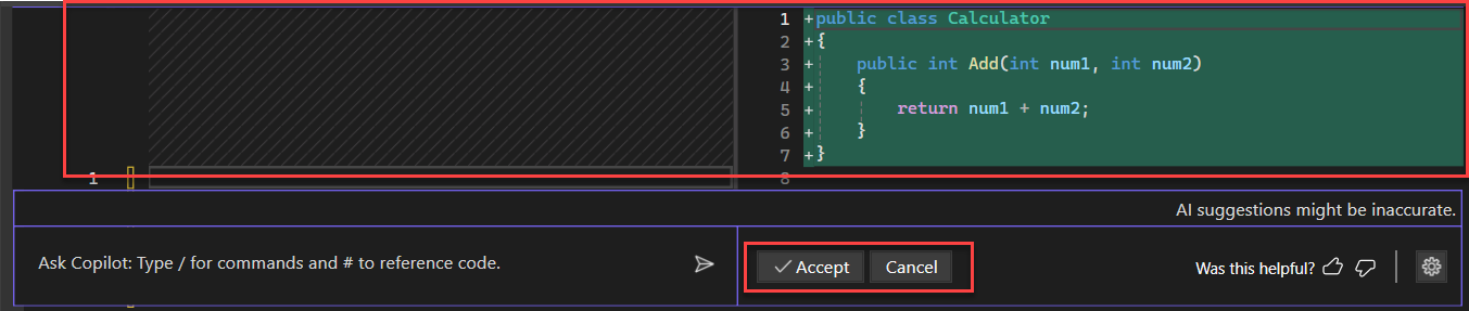 Captura de pantalla de sugerencias de código en la vista de diferencias en la ventana del editor.