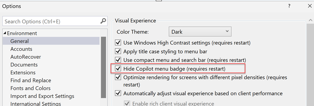 Captura de pantalla de la opción para ocultar la insignia de Copilot en Herramientas > Opciones.