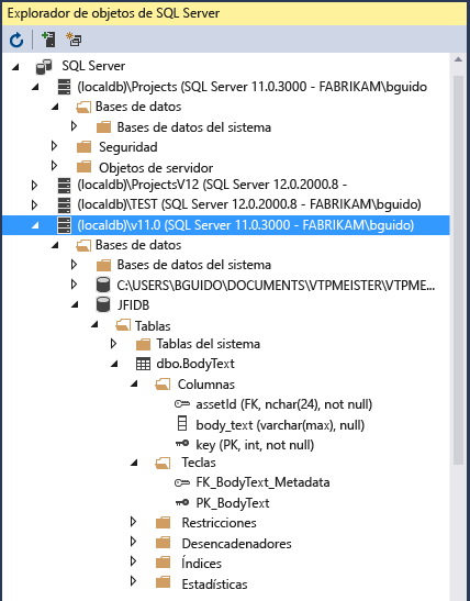 Screenshot that shows the SQL Server Object Explorer window.