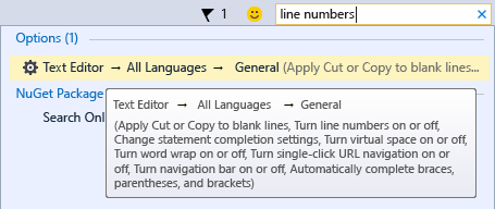 Captura de pantalla del editor de Visual Studio con números de línea.
