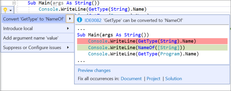 Captura de pantalla del menú Acciones rápidas y refactorizaciones en Visual Studio con convert 'GetType' en 'NameOf' seleccionado y Visual Basic cambios de código mostrados.