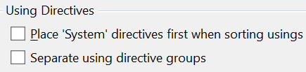 Captura de pantalla de Sort usings configuration options (Ordenar con opciones de configuración).
